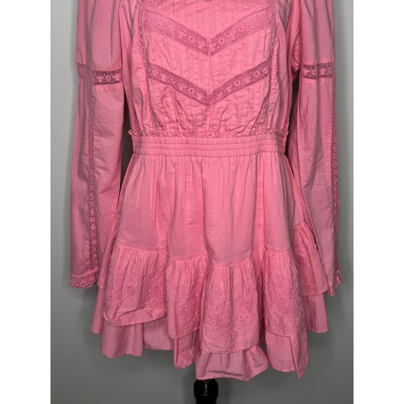LoveShackFancy Sanaya Dress XL Vivid Pink Long‎ Sleeve Ruffle Tiered Lace Trim - Picture 8 of 16
